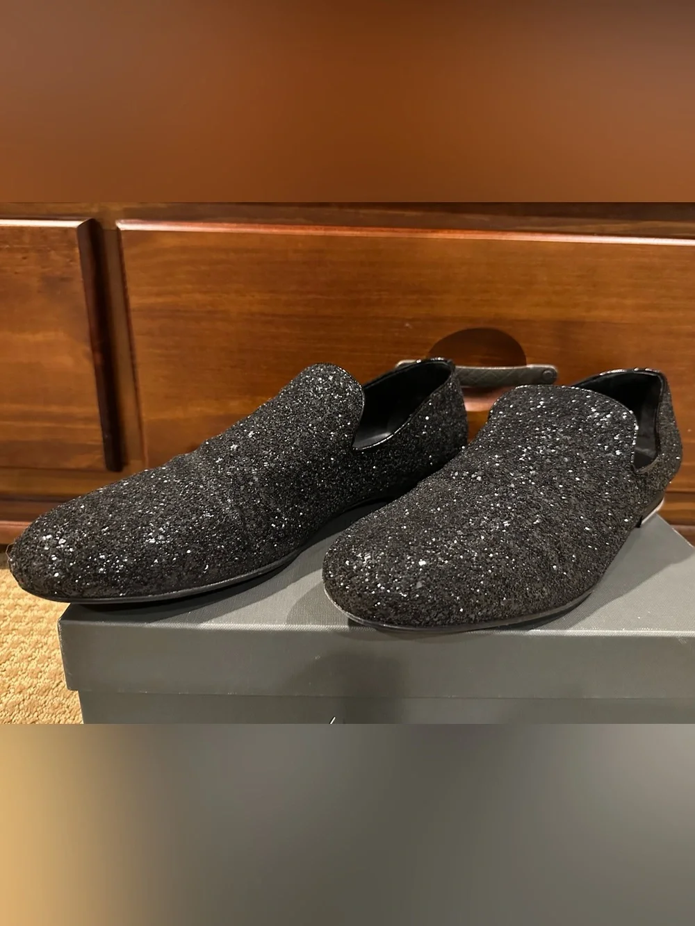 Jimmy Choo Sloane Men’s Black Glitter Slip-On Loafers Size 12M